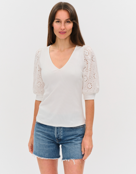 Esme Ribbed Eyelet Sleeved V-Neck Top