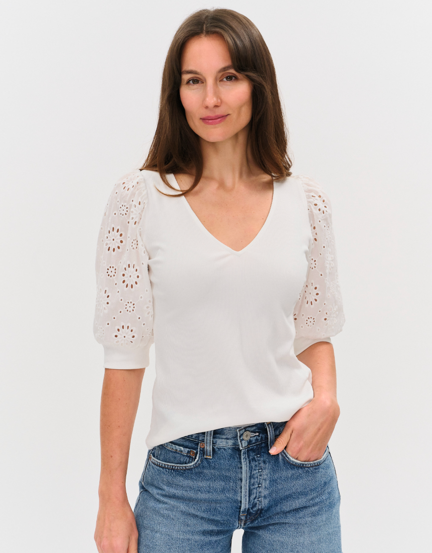 Esme Ribbed Eyelet Sleeved V-Neck Top