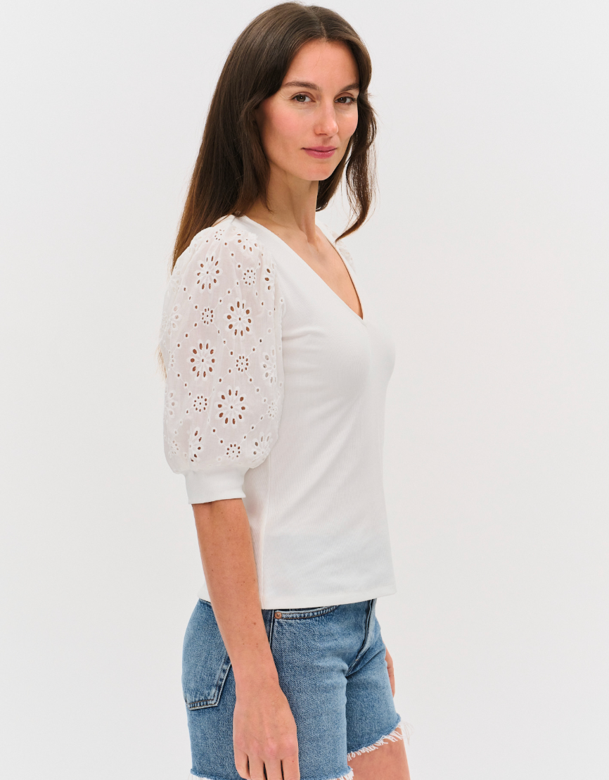 Esme Ribbed Eyelet Sleeved V-Neck Top