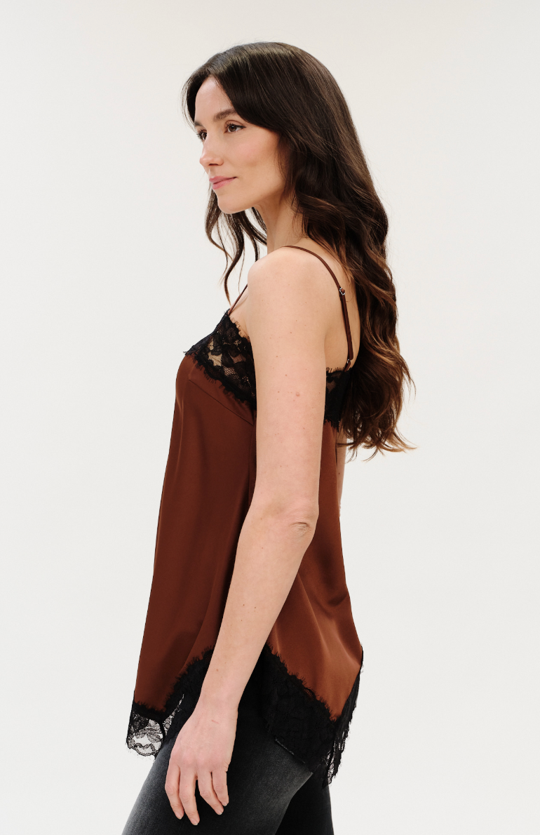 Viola Asymmentrical Lace Trim Satin Tank