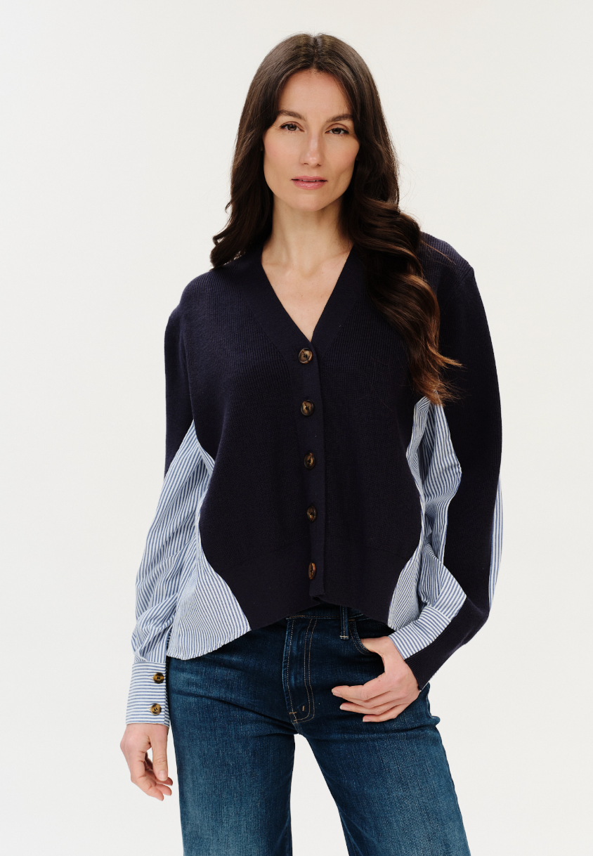 Zari Mixed Media Poplin Striped Cardigan