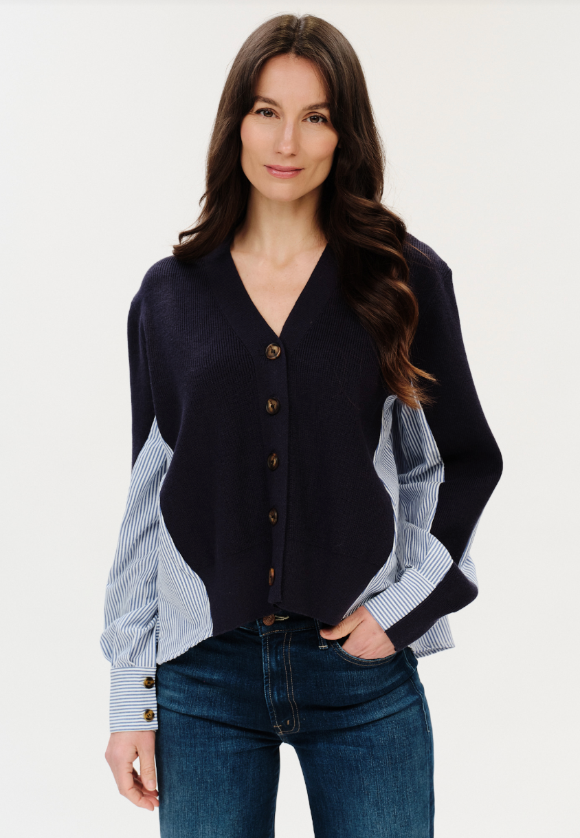 Zari Mixed Media Poplin Striped Cardigan
