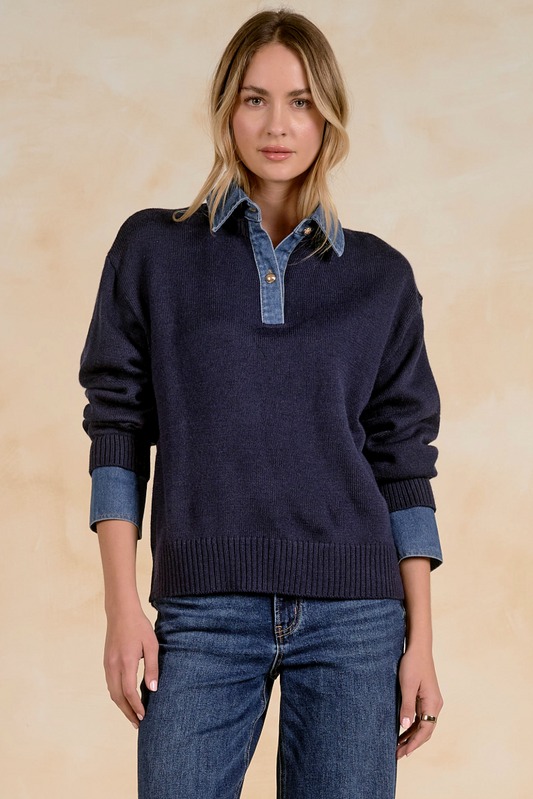 Kaylee Mixed Media Denim Collar Sweater