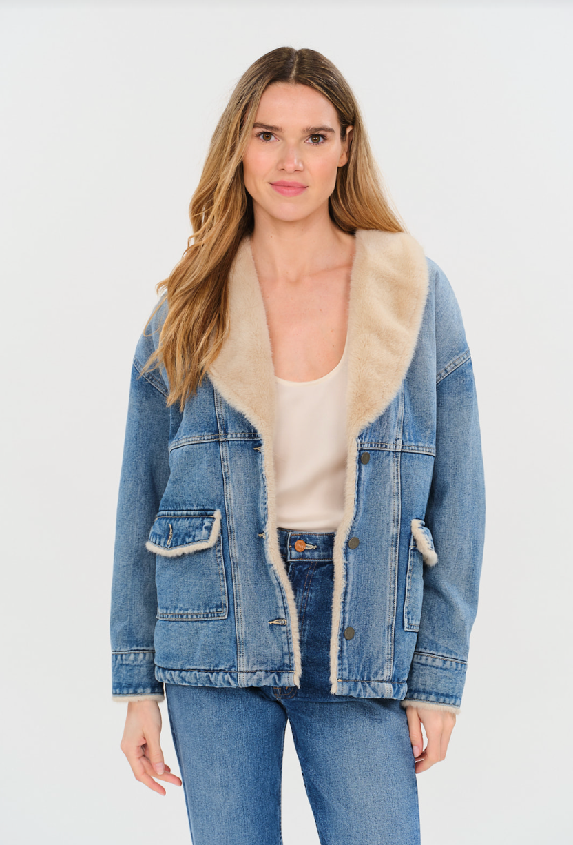 Wynn Faux Sherpa Shawl Denim Jacket
