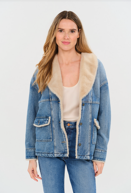 Wynn Faux Sherpa Shawl Denim Jacket