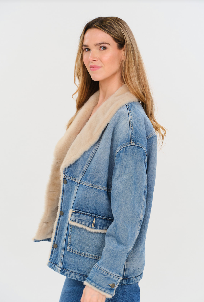 Wynn Faux Sherpa Shawl Denim Jacket