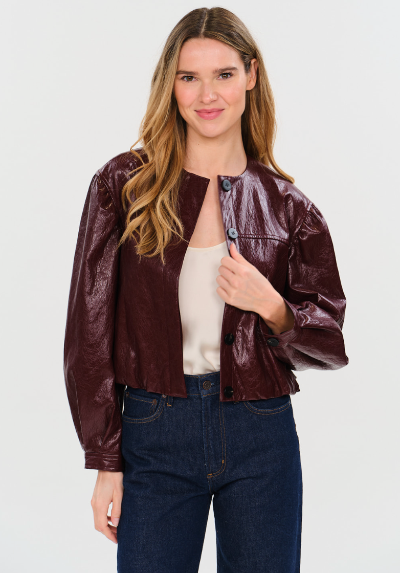 Emilia Textured Faux Leather Bomber Jacket