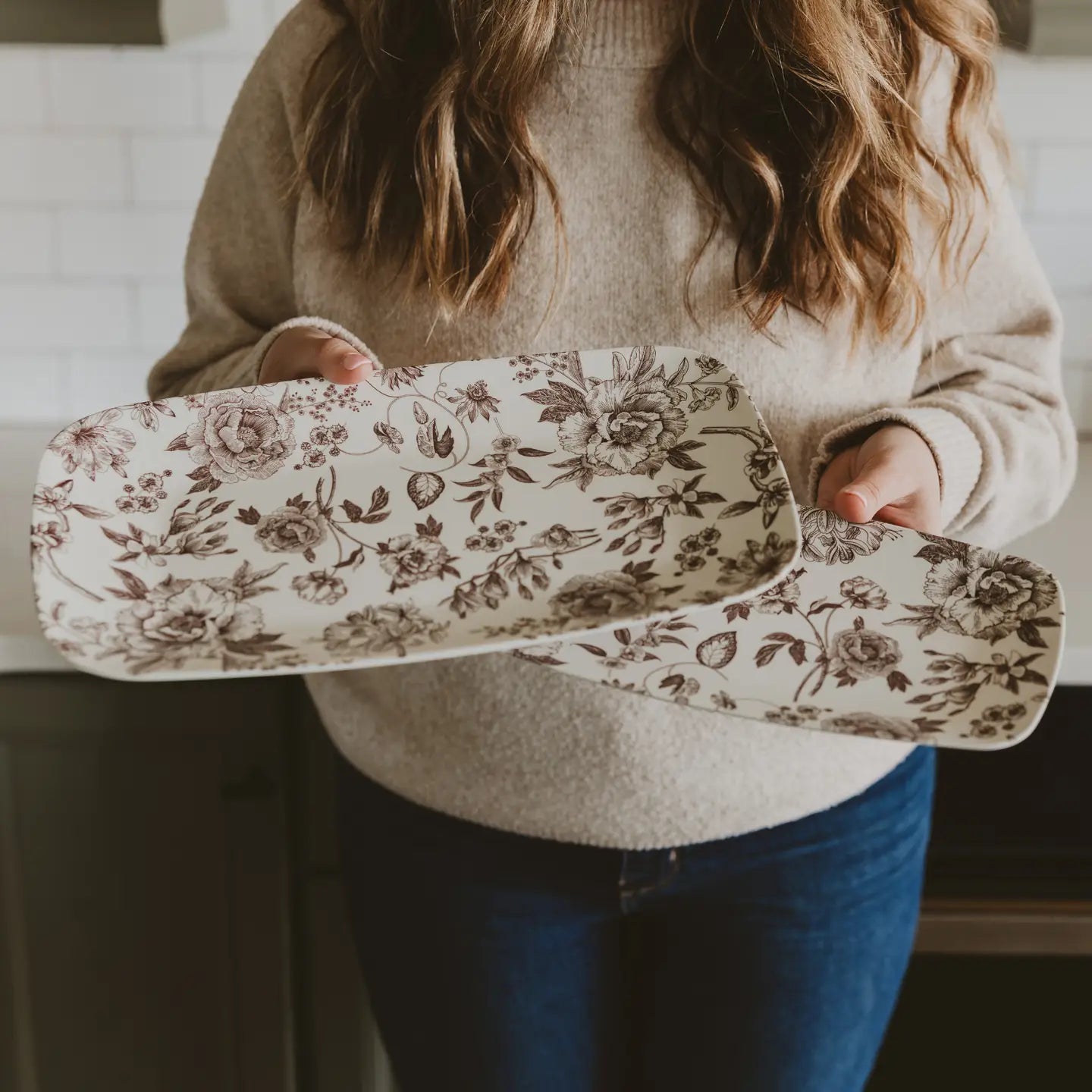 Brown Floral Stacking Melamine Tray- Set of 2