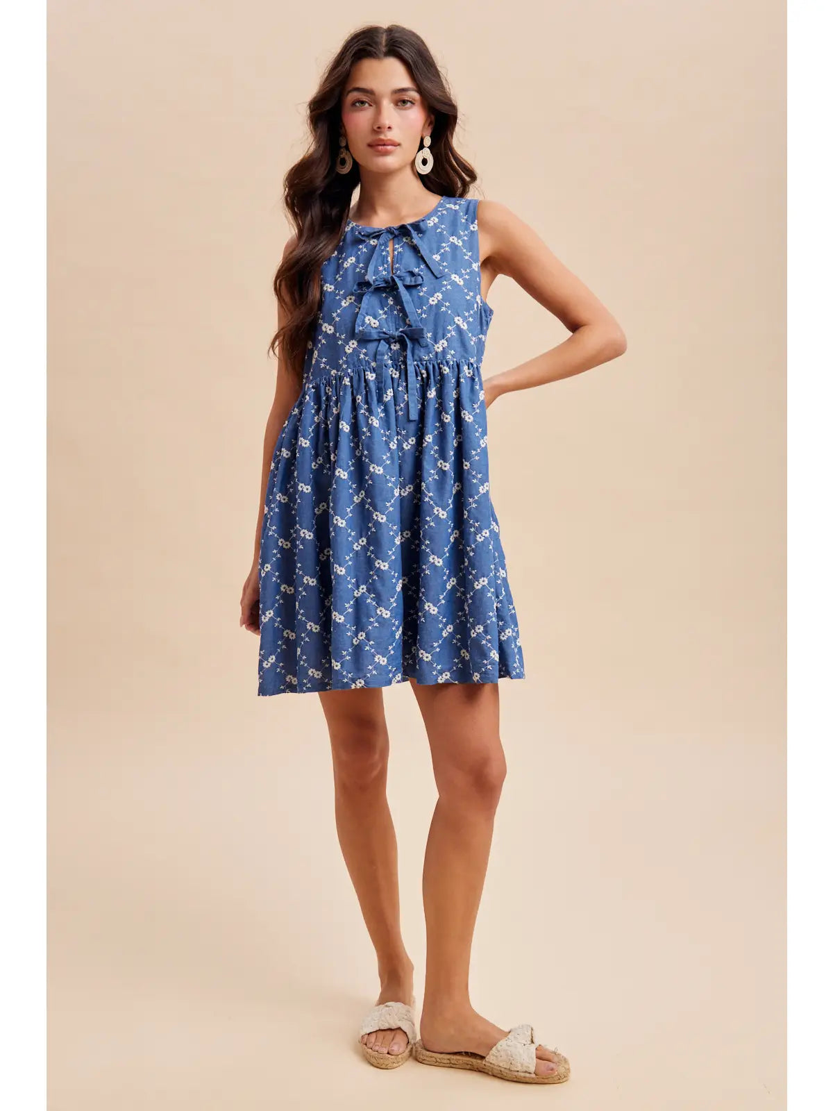 Eleanor Chambray Embroidered Bow Mini Dress