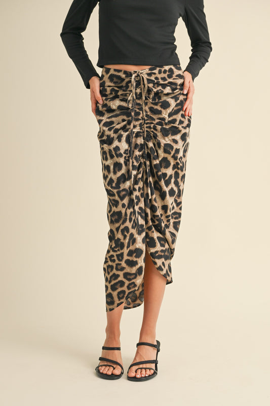 Lillian Leopard Print Ruched Midi Skirt