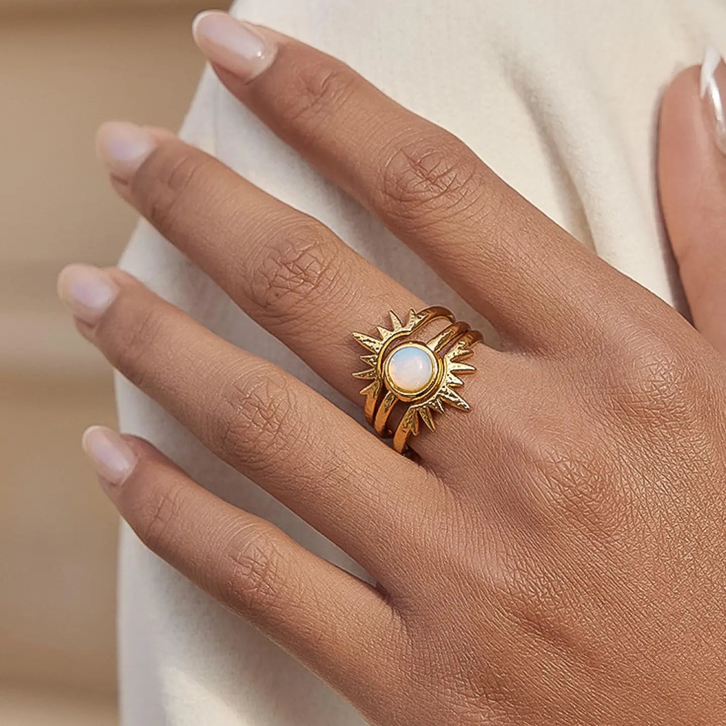 18K Gold Non-Tarnish Sunburst Opal Stackable Ring
