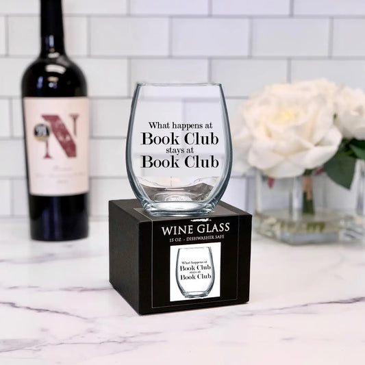 What Happens At Bookclub Stemless Wine Glass