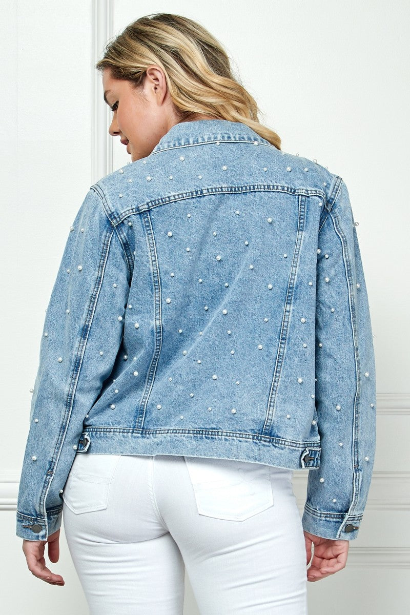 Audrey Pearl Cropped Denim Jacket - Plus