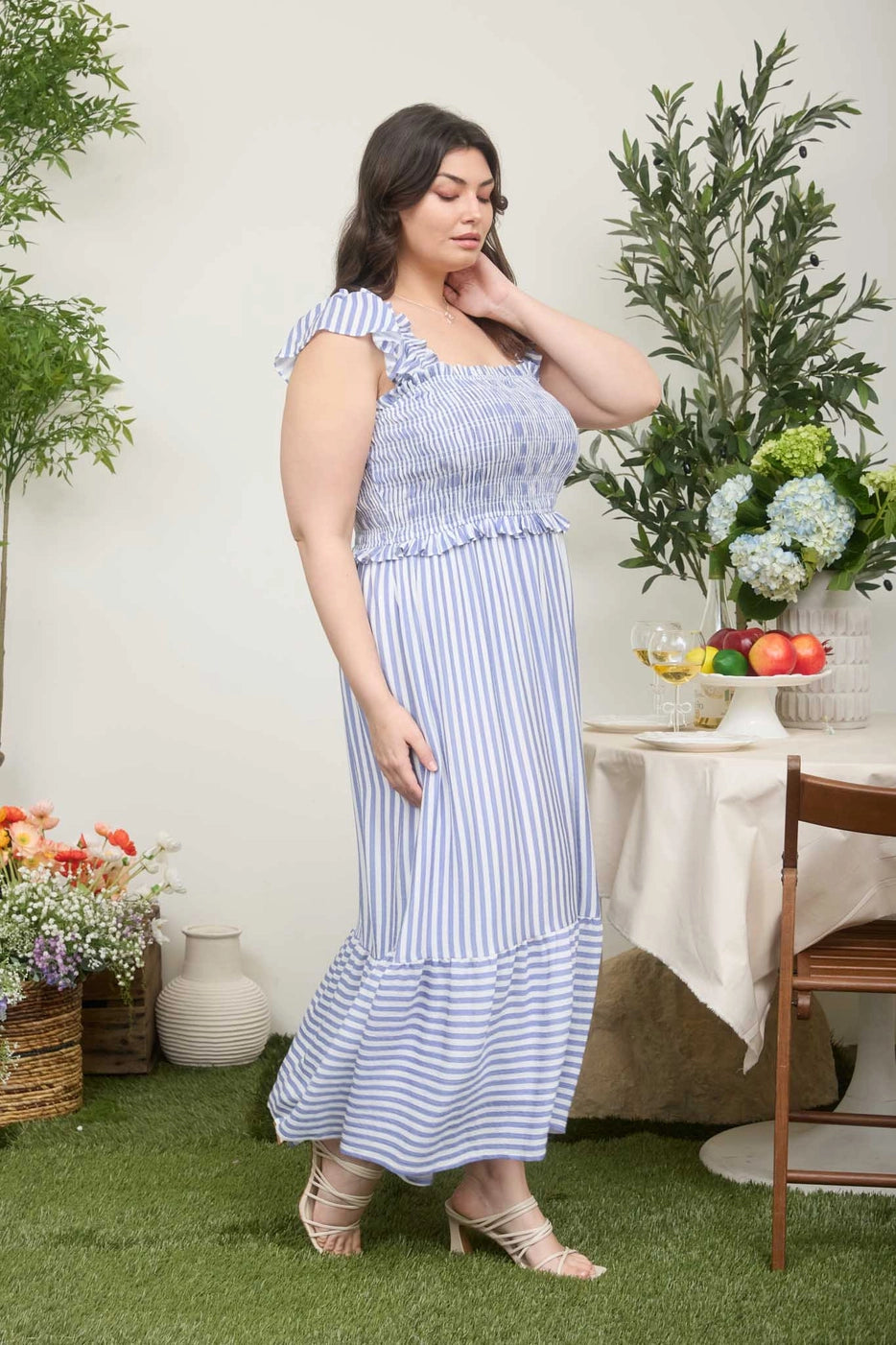 Libby Stripe Smocked Ruffle Trim Midi Dress- Plus
