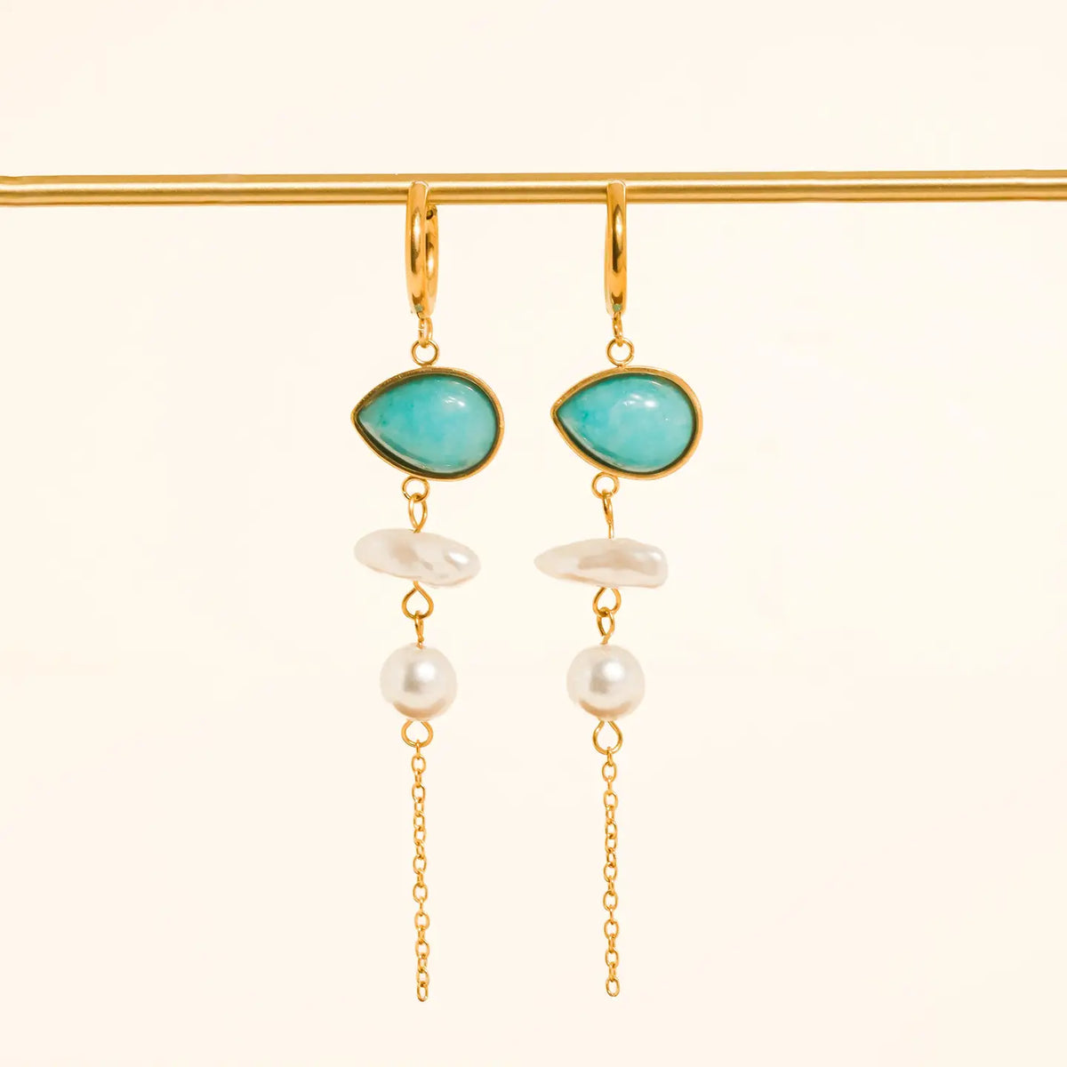 18K Gold Natural Stone Pearl Drop Earrings