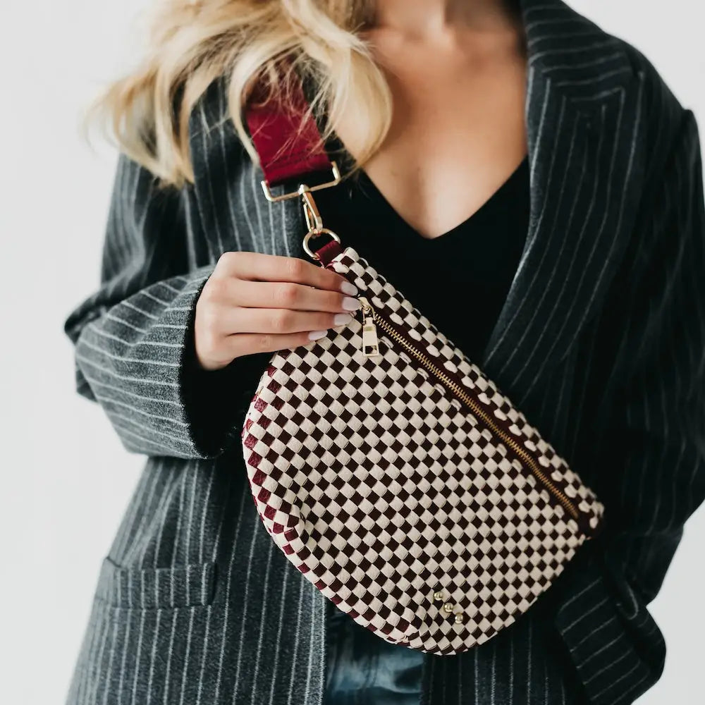 Westyn Woven Crossbody Bag: Checkered Burgundy