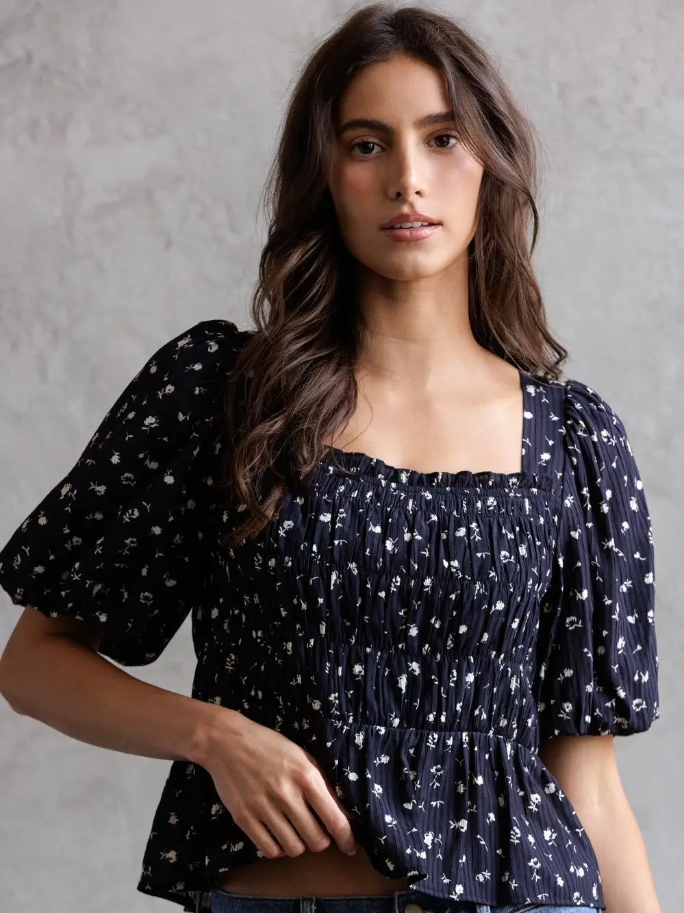 Sage Floral Smocked Peplum Top
