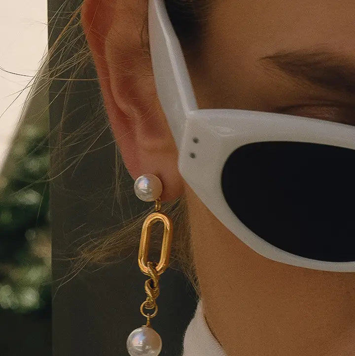 18K Gold Non-Tarnish Pearl Drop Chain Earrings