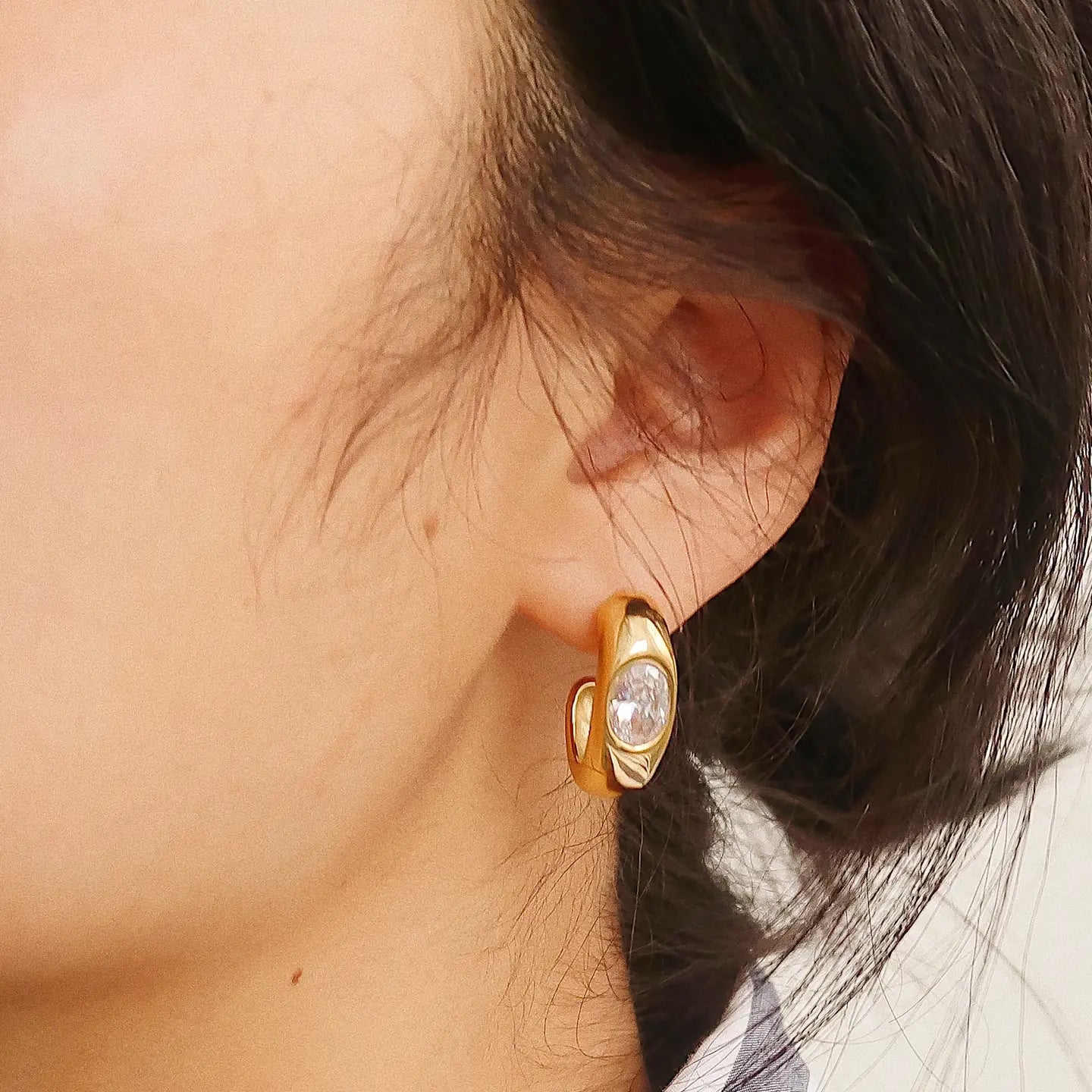 18K Gold Non-Tarnish Cz Classic C Hoop Earring