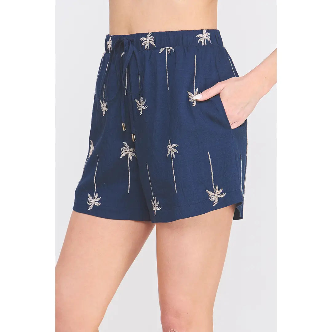 Fanny Draped Embroidered Palm Tree Shorts