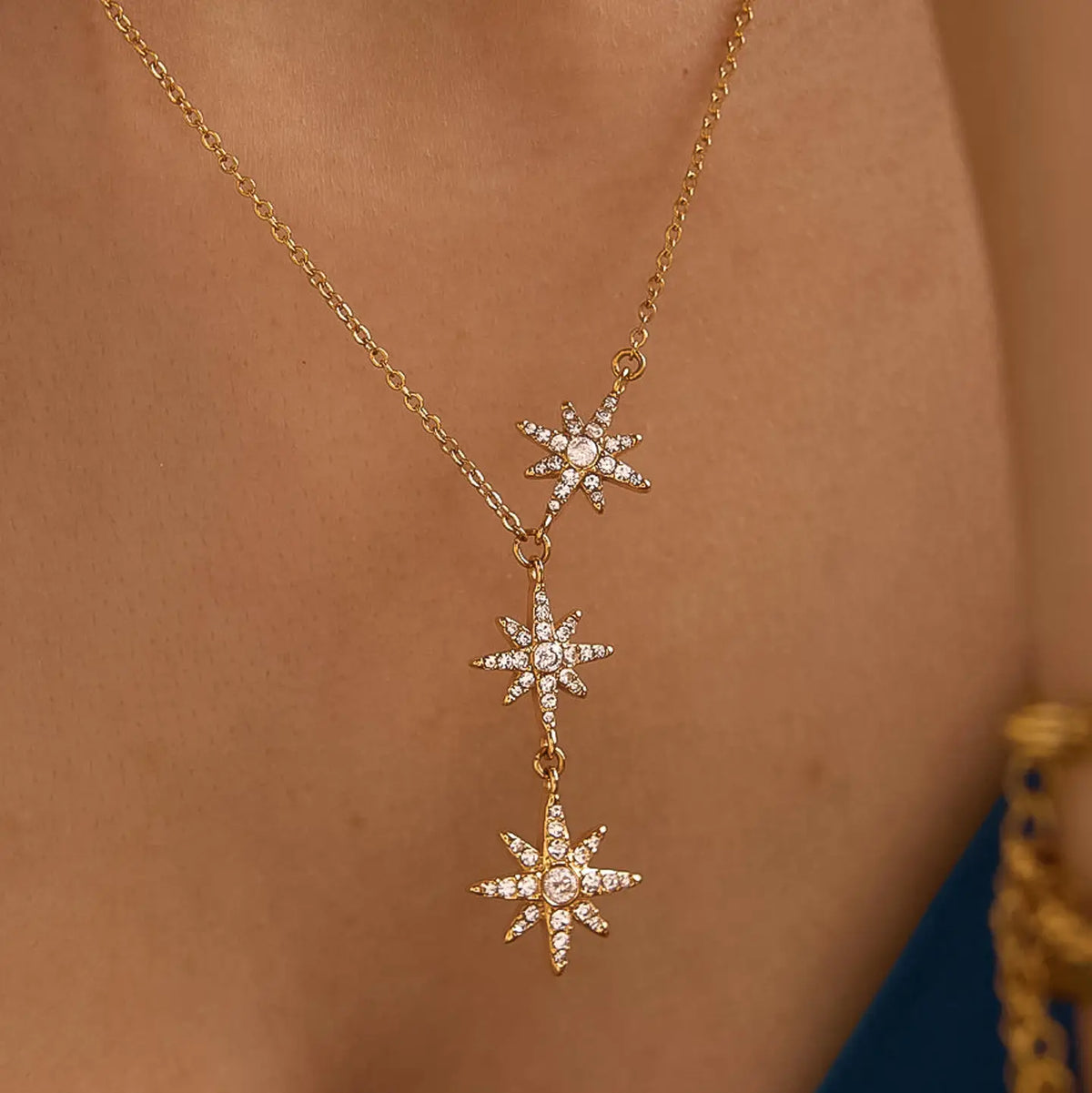 18K Gold Non-Tarnish Cz Starburst Drop Necklace
