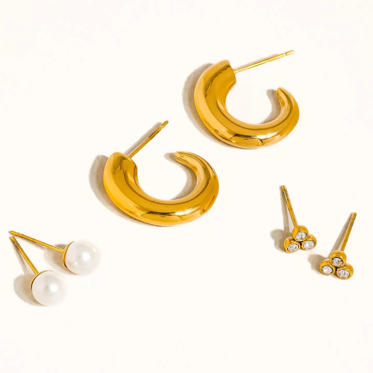 18K Gold Non-Tarnish Hoops, Pearl, Cz Earring