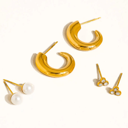 18K Gold Non-Tarnish Hoops, Pearl, Cz Earring