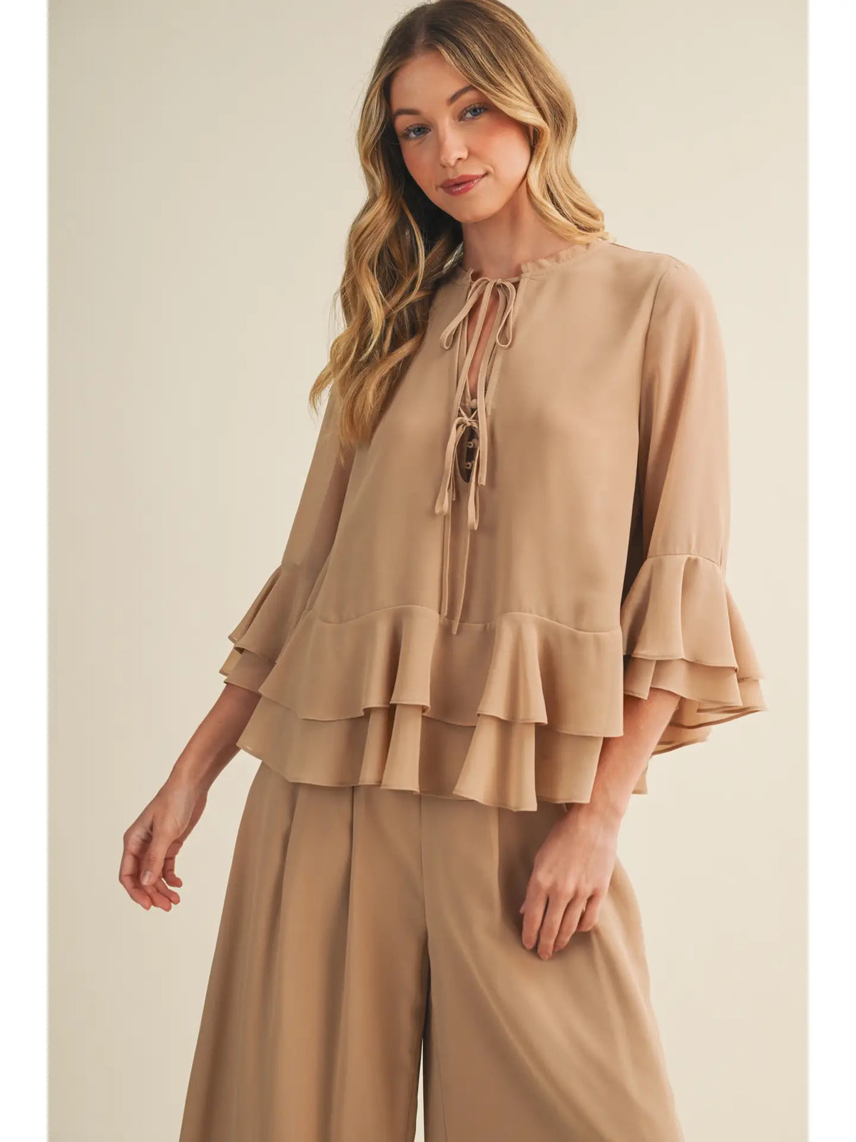 Carmen Lace-Up Ruffle Tiered Peplum Blouse