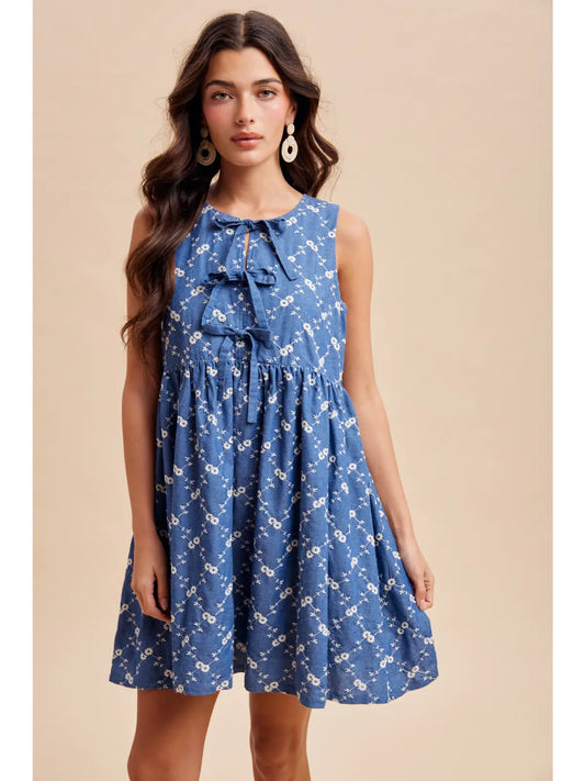 Eleanor Chambray Embroidered Bow Mini Dress