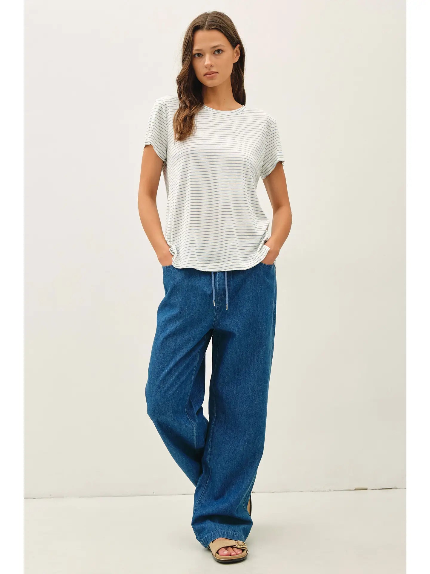 Bets Linen Blended Striped Relaxed Tee