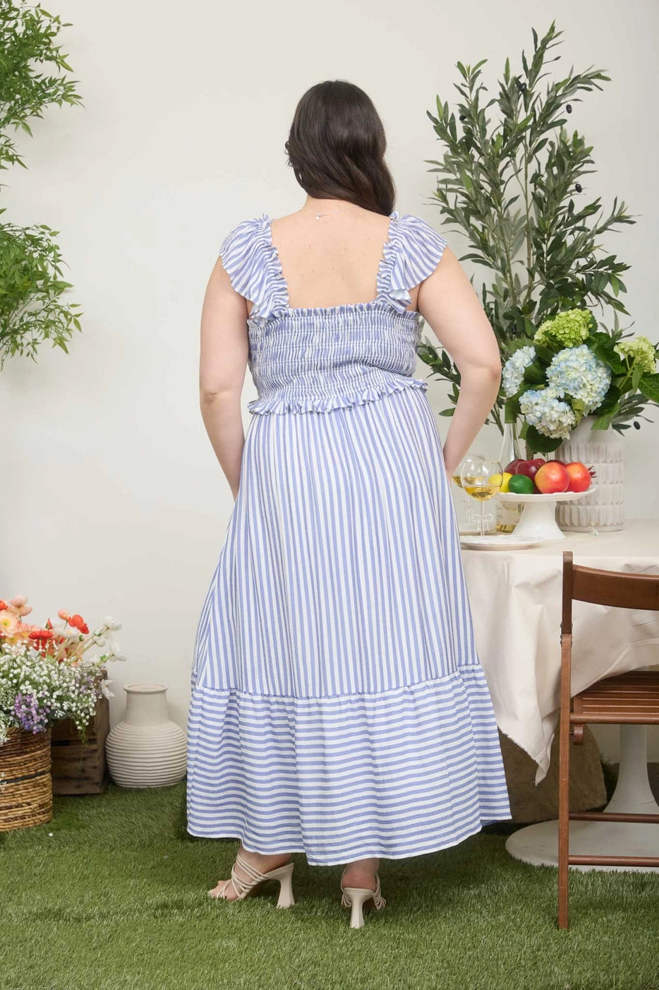 Libby Stripe Smocked Ruffle Trim Midi Dress- Plus