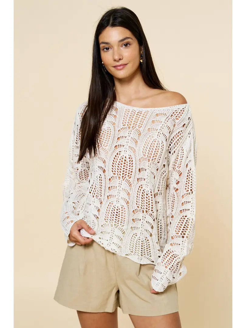 Morgan Crochet Boatneck Long Sleeve Top