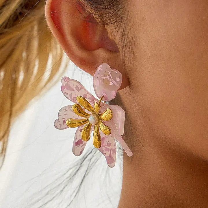18K Gold Non-Tarnish Pink Floral Statement Earrings