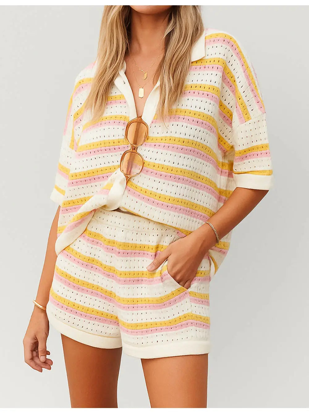 July Stripe Color Block Knit Top & Shorts Set