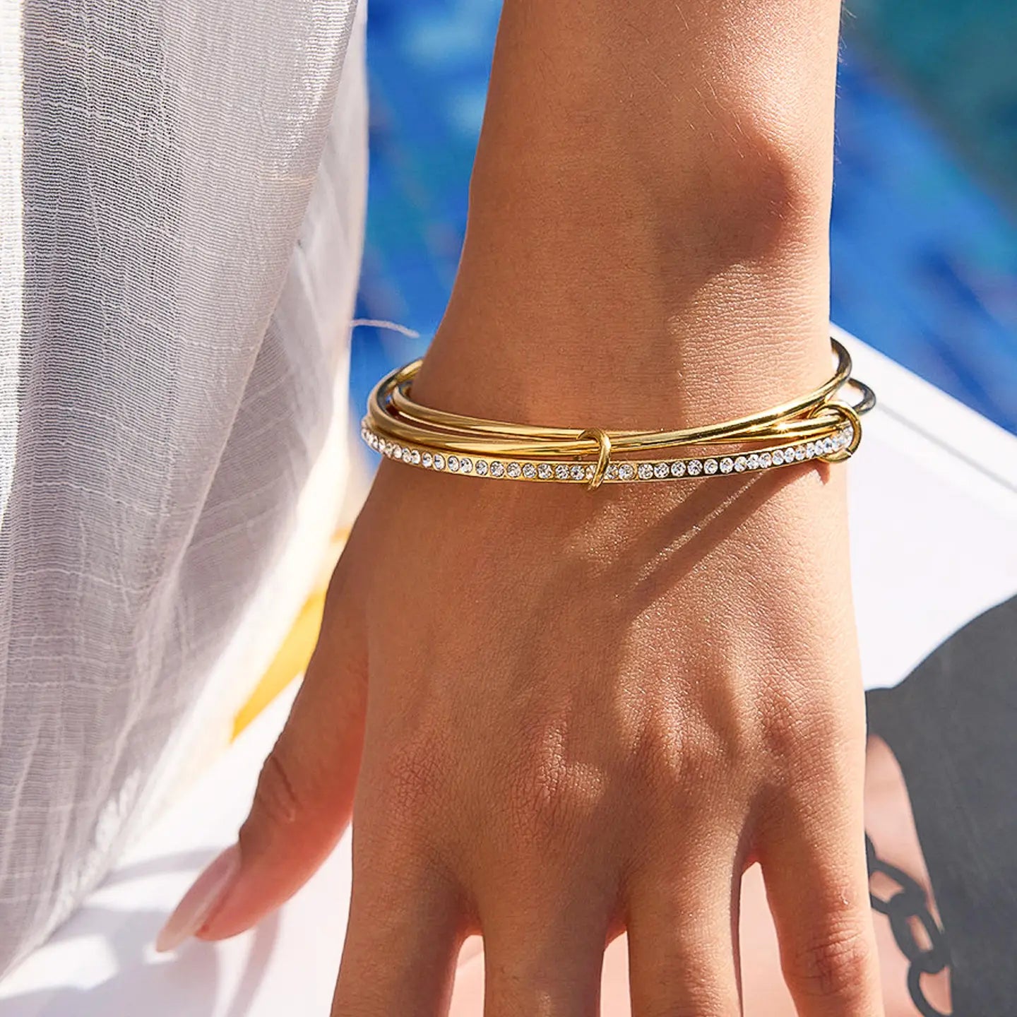 18K Gold Non-Tarnish Rhinestone Stack Bracelet