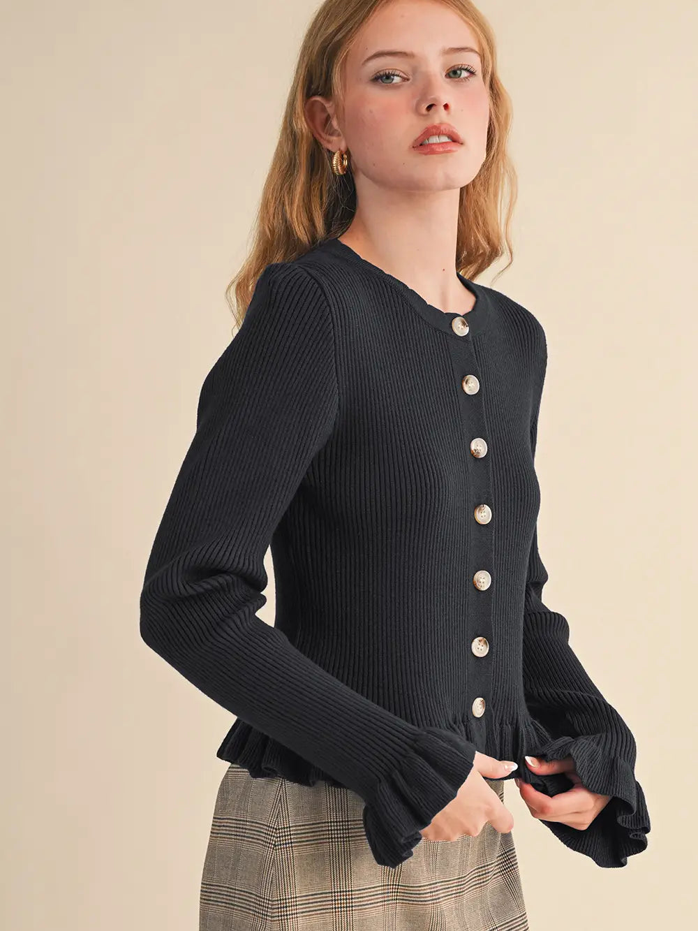 Thelma Ruffle Hem Ribbed Cardigan