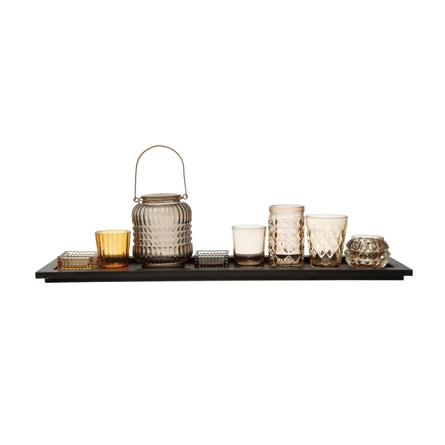 Embossed Glass Tealight & Candle Holders w/ Black Finish Wood Tray: Set of 9