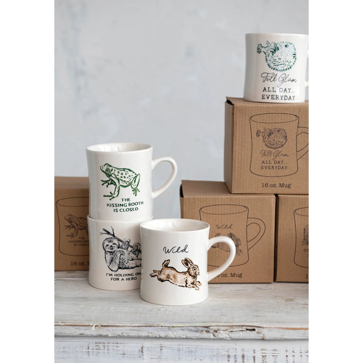 Stoneware Animal & Saying Mug: 16oz