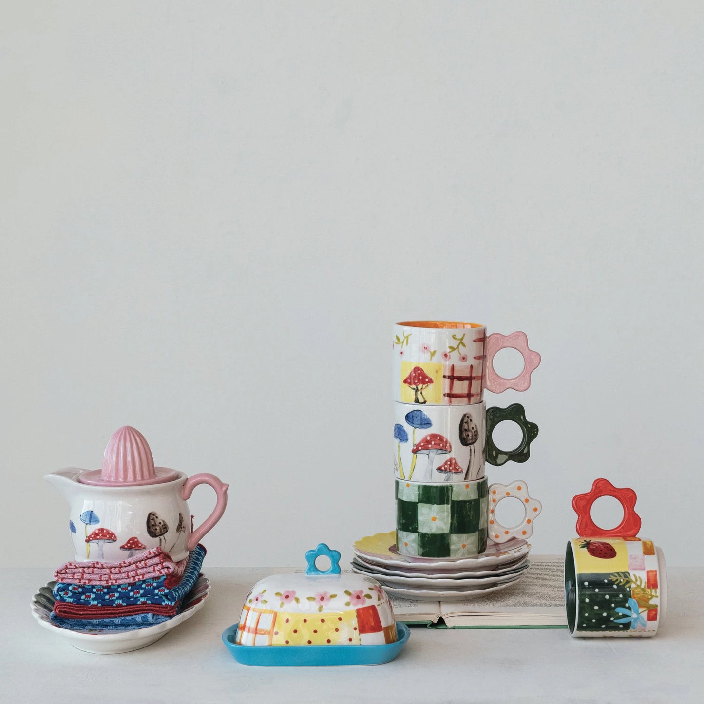 Hand Painted Stoneware Mug with Floral Handle