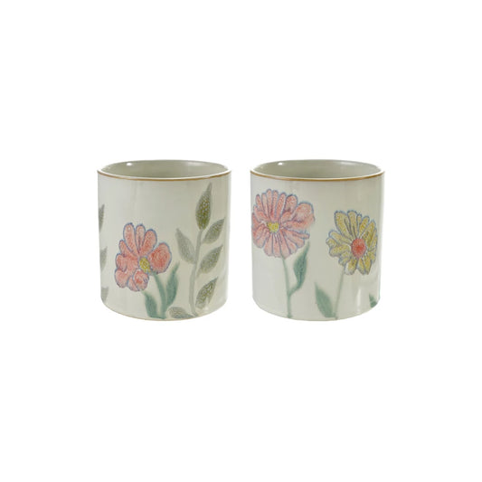 Hand-Painted Stoneware Planter with Flowers