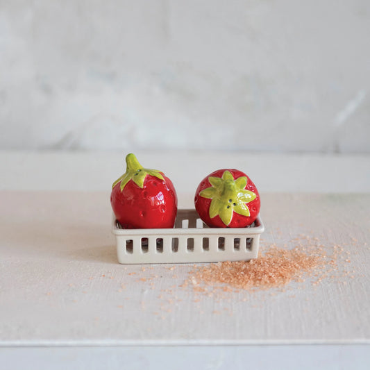 Strawberry Salt & Pepper Shakers with Berry Basket Shaped Holder
