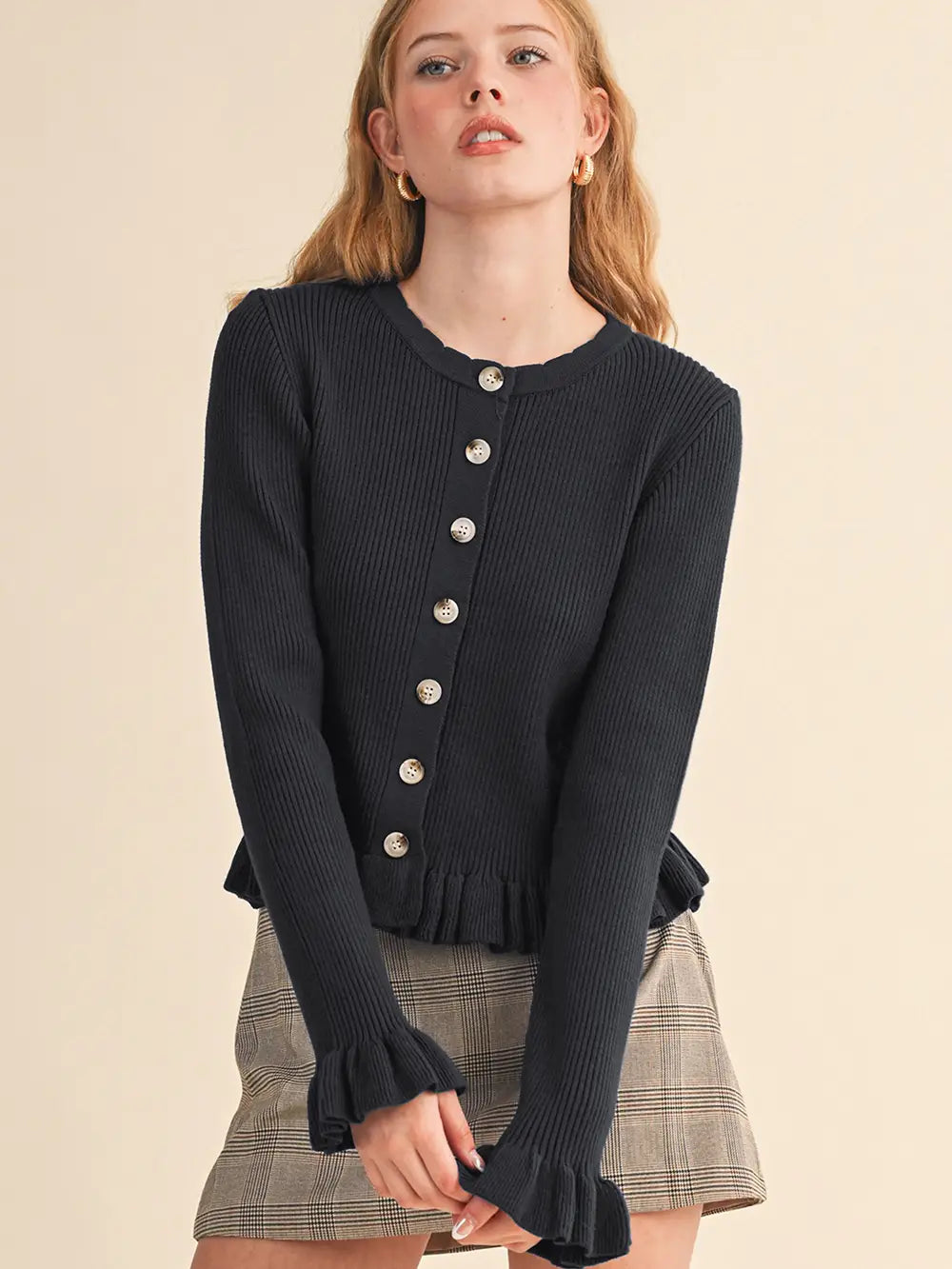 Thelma Ruffle Hem Ribbed Cardigan