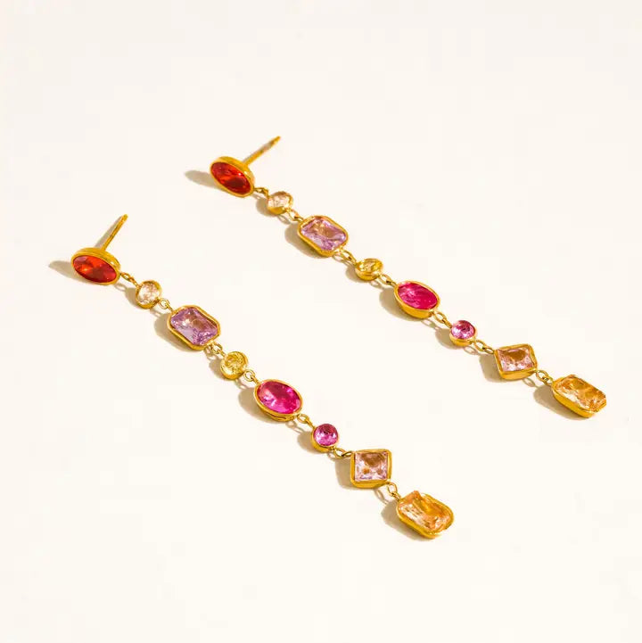 18K Gold Non-Tarnish Multicolor Cz Drop Earrings