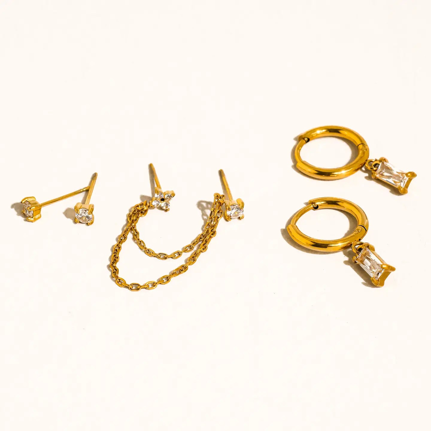 18K Gold Non-Tarnish Cz Chain Earring Set