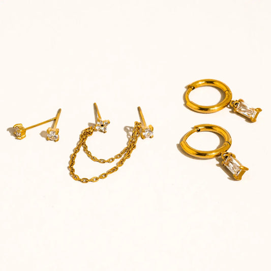 18K Gold Non-Tarnish Cz Chain Earring Set