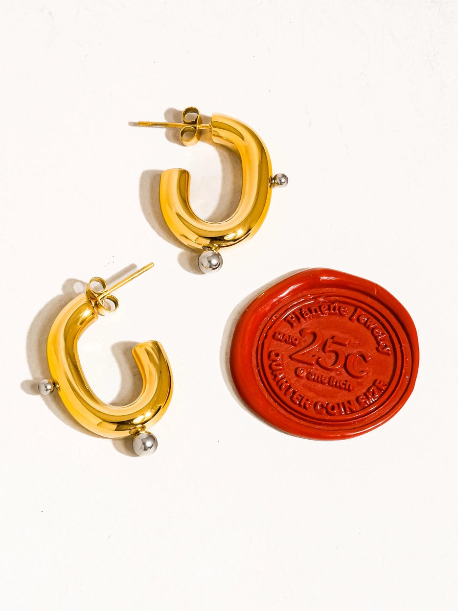 18K Gold Non-Tarnish Two Toned C Hoop Earring