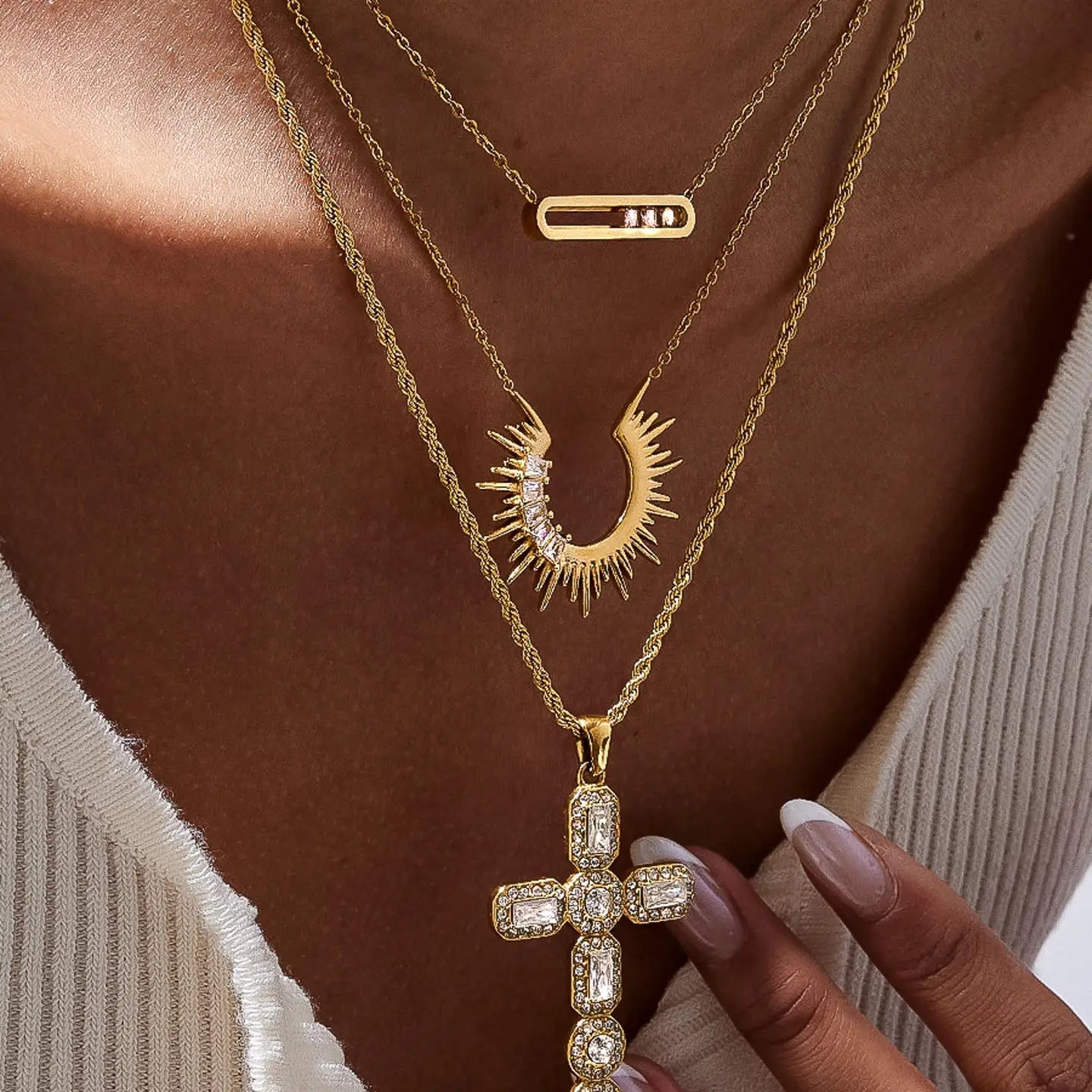 18K Gold Non-Tarnish Sunburst Cz Necklace