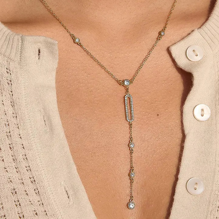 18K Gold Non-Tarnish Cz Drop Bar Necklace