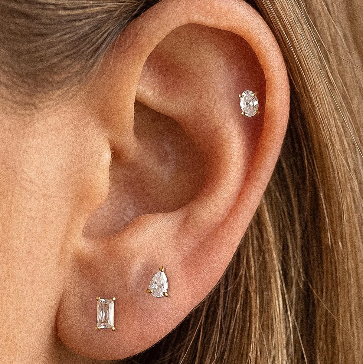 18K Gold Non-Tarnish Pear & Oval Cz Stud Earrings Set