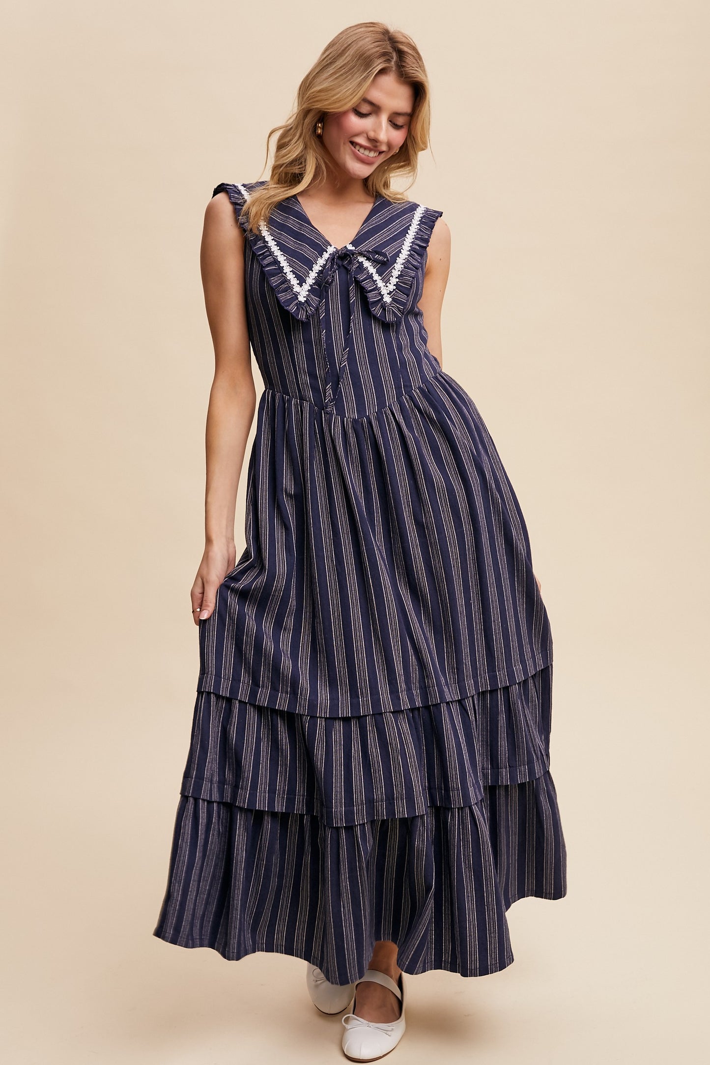 Gwendolyn Peter Pan Collar Striped Maxi Dress